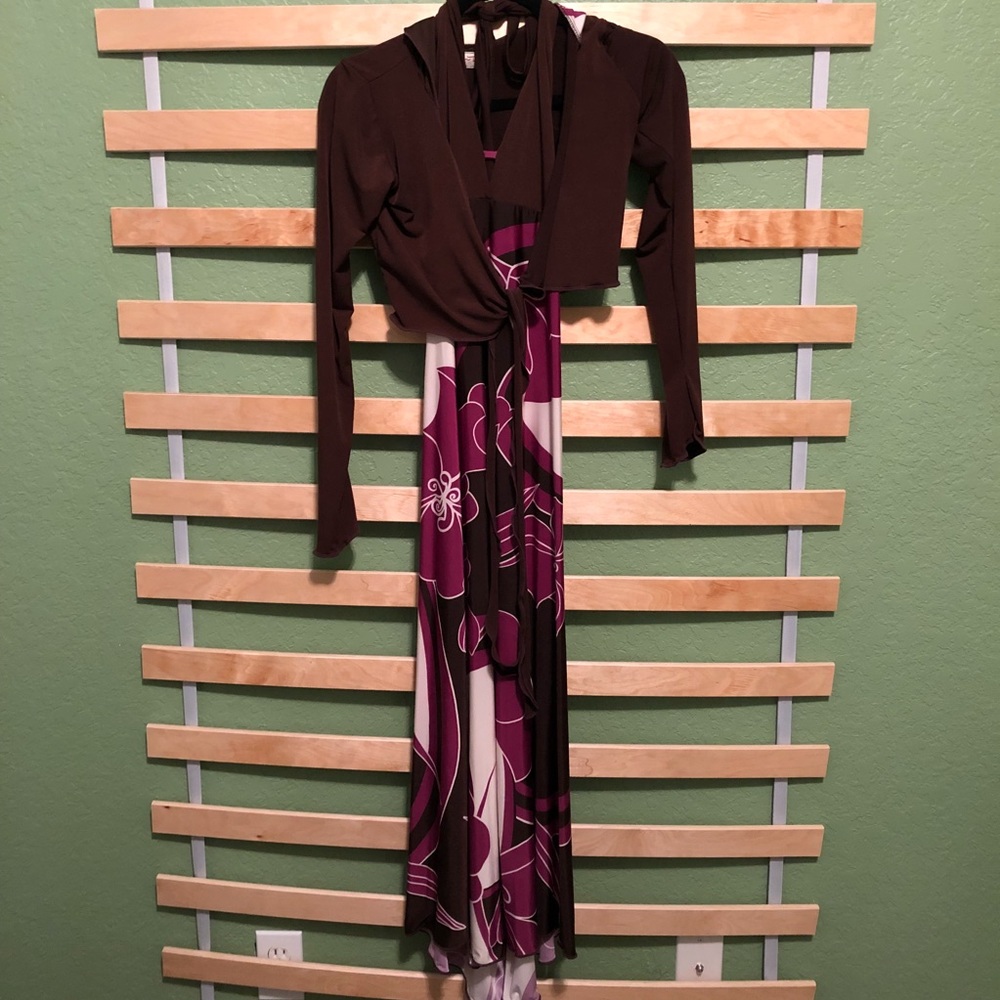 Patterned Halter Maxi Dress with Hooded Shrug 🔵